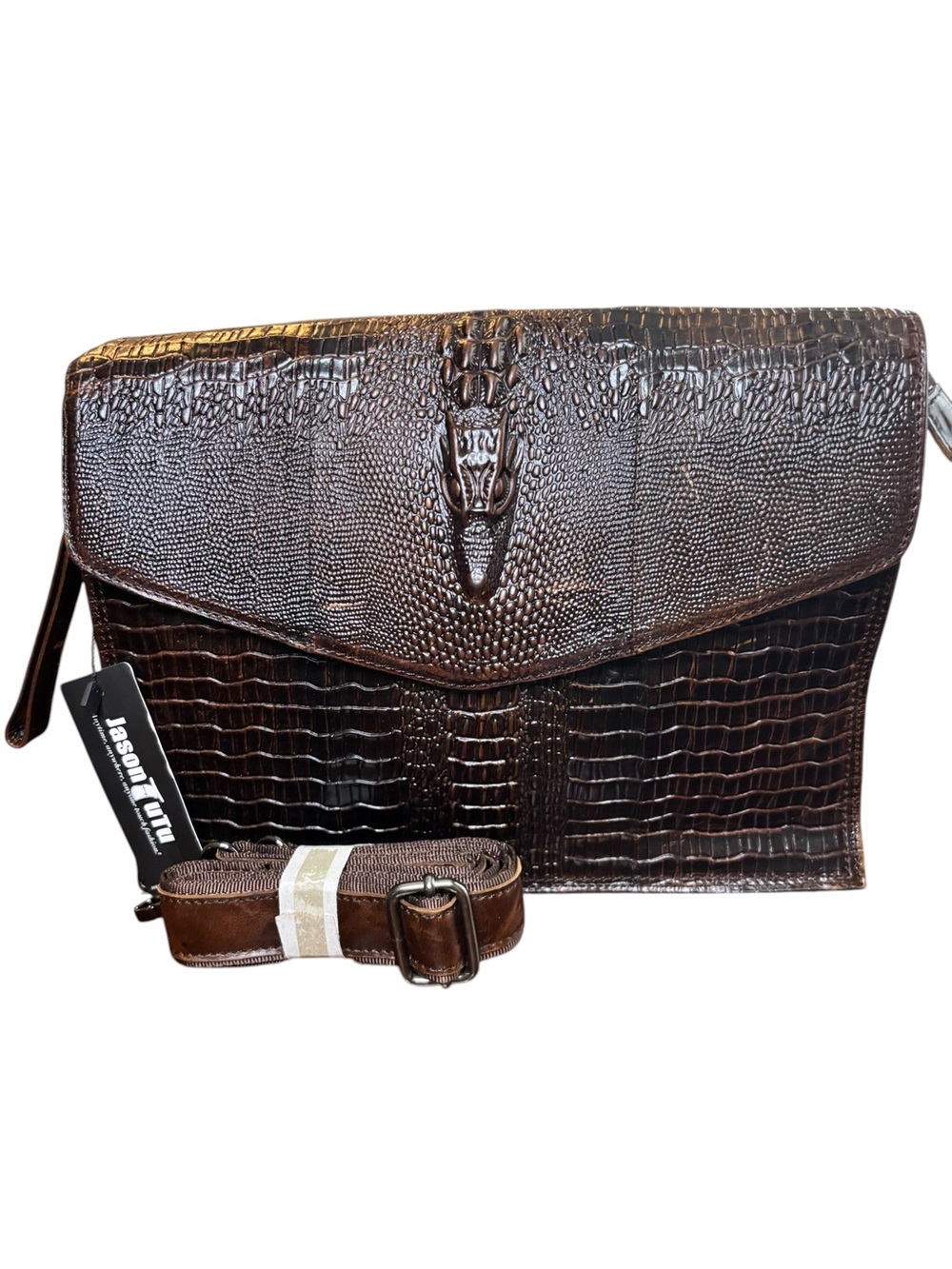 Jason Tutu Brown Croc Embossed Faux Leather Convertible Clutch/Crossbody Bag NWT